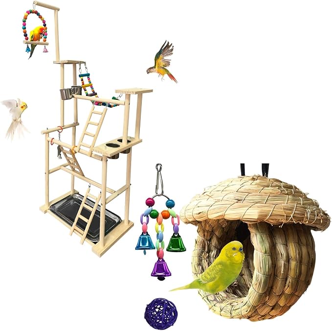 Hamiledyi Natural Wood Bird Playground Stand with 4 Large Layers - Exercise Perch and Birds Nest Straw