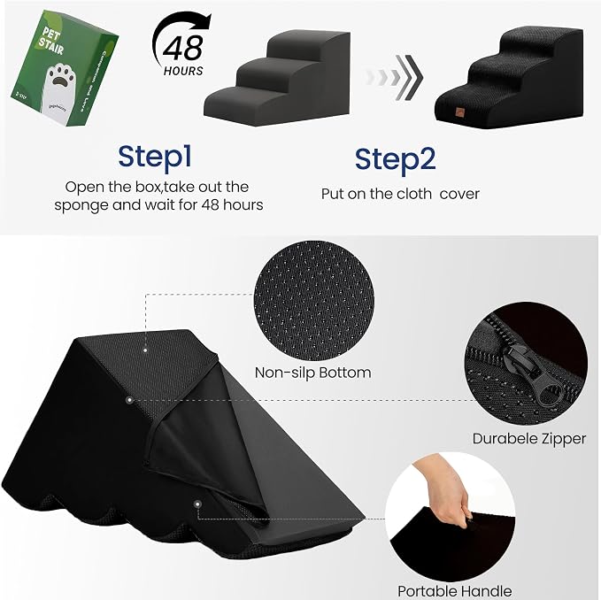 GoGoBunny Ramp Dog Stairs for High Beds 22.6" H, 5-Step Dog Slope Stairs with Durable Waterproof Fabric Cover, Pet Steps for Old Large Dogs Climbing, Non-Slip Sturdy Indoor Step, Black