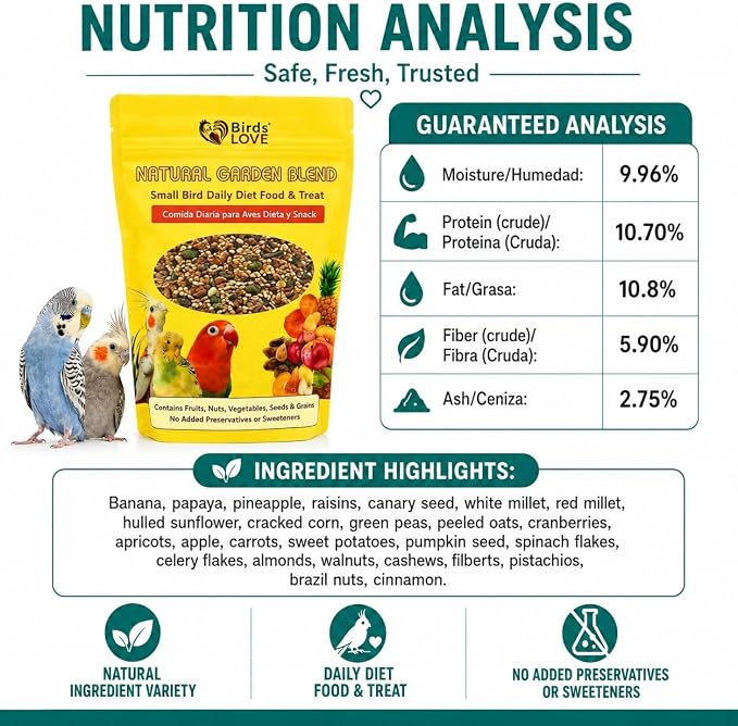 Birds LOVE Natural Garden Blend Bird Food for Small Birds, 2 lb - Hand Packed in USA, Natural Mix with Fruits, Seeds & Grains for Lovebirds, Cockatiels, Budgies & Parakeets