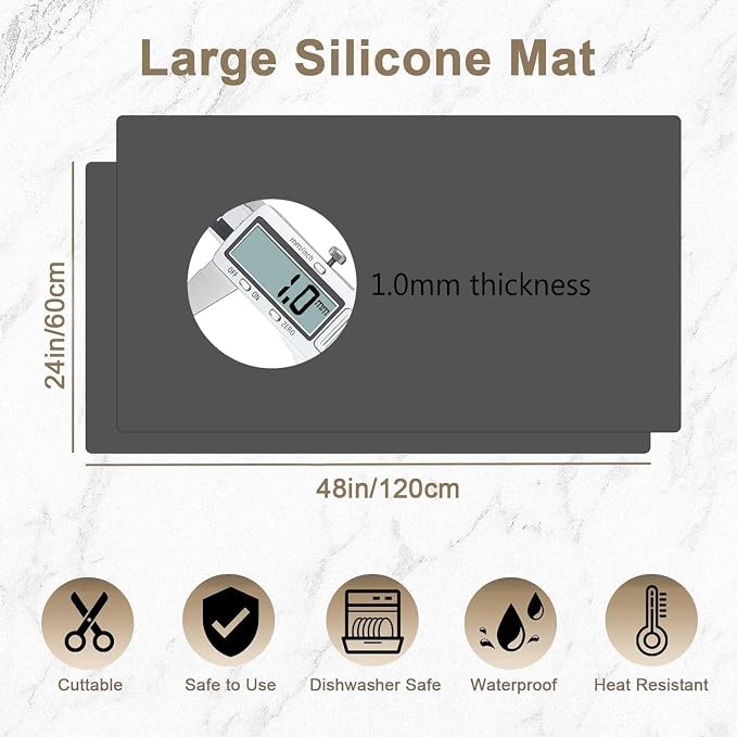 48"x24"(120cmx60cm) Large Silicone Mat for Kitchen Counter, Heat Resistant Non-Slip Countertop Protector, Waterproof Silicone Craft Mat for Kitchen Island(2Pack, Black)