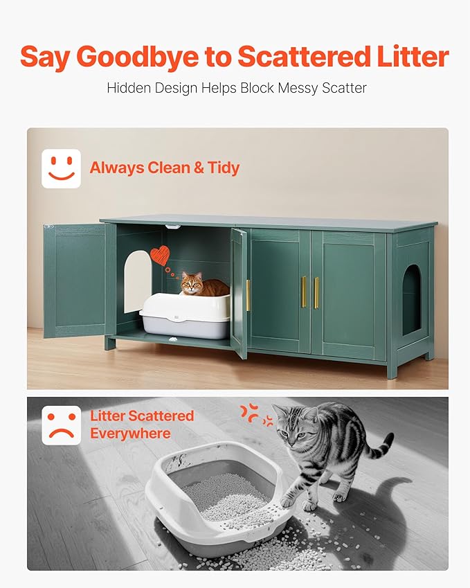 VEVOR Cat Litter Box Enclosure for Multi Cats, 47.2 in Hidden Litter Box Cabinet with 4 Doors & 2 Entries, Indoor Cat Washroom, Wooden Kitty House Furniture Side Table, Fit Most Litterboxes, Green