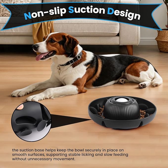 PUPPYGANG 2-in-1 Slow Feeder Dog Bowl for Large Dogs — Silicone Dry Food Maze & Wet Food Lick Ball with Suction Cup, Interactive Puzzle Feeder, Non-Slip & Detachable, Easy to Clean (Black)