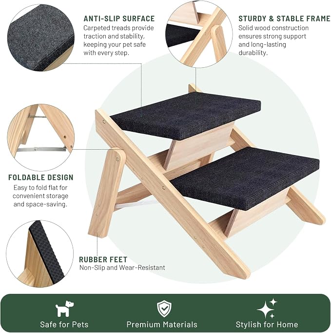 Dog Stairs/Ramp for Bed, Wooden 2-in-1 Foldable Pet Stairs & Ramp, Portable Dog Step Up to 180 Pound for Elderly/Short-Legged Dogs, 2 Steps for Beds, Couch