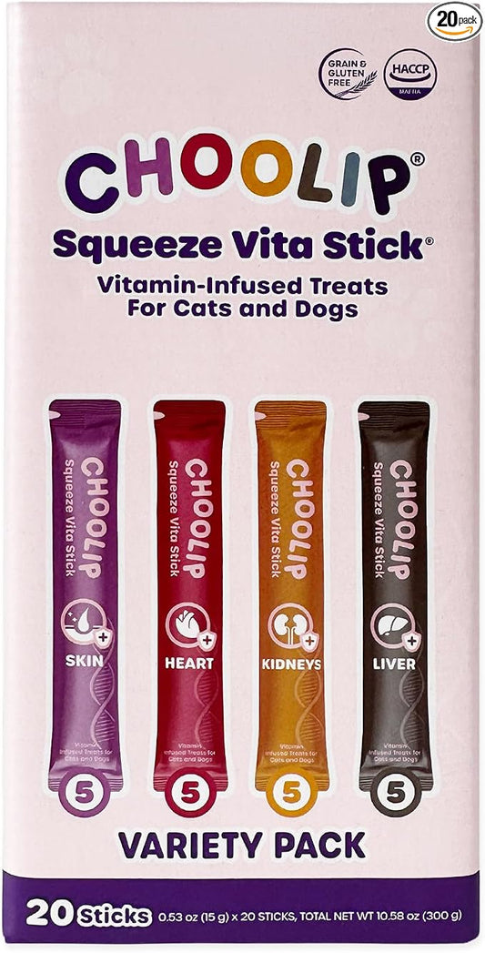 Choolip Squeeze Vita Stick Seafood Variety Pack for Cats & Dogs – Skin, Heart, Kidney & Liver Support Puree Treats – Grain Free Functional Pet Treats (20 Sticks)