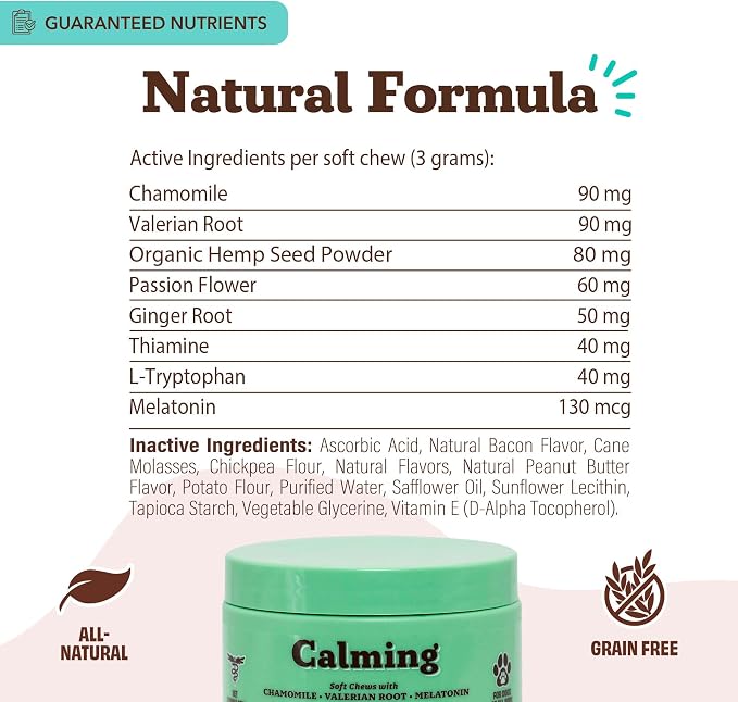 Natural Dog Company Calming Chews for Dogs, Stress & Anxiety Relief Supplement 90 cnt with Chamomile, Valerian Root & Melatonin, Natural Soothing Chews for Travel, Thunder, Fireworks & Separation
