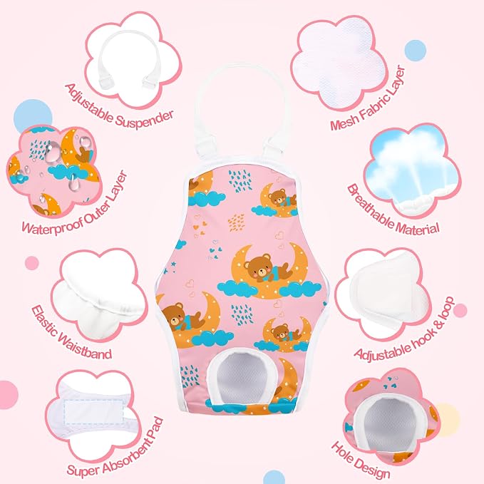 3 Pack Washable Female Dog Diapers with Adjustable Suspender, Reusable Sanitary Panties for Dogs in Heat, Leak-Proof Design for Small Dogs
