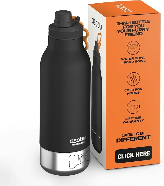 asobu Dog Barky Bottle – Insulated Stainless Steel Water Bottle with 2 Removable Dog Bowls for Food, Treats & Water – Pet-Friendly Travel Bottle for Hiking, Road Trips & Outdoor Adventures