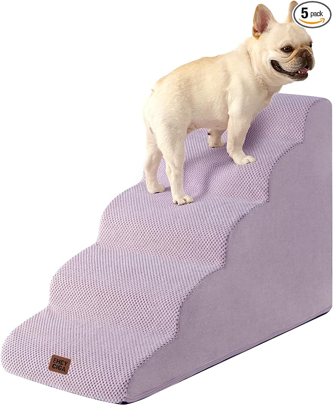 EHEYCIGA Curved Dog Stairs Ramp for High Beds 22.6" H, 5-Step Dog Steps for Small Dogs and Cats, Pet Stairs for High Bed Climbing, Non-Slip Balanced Pet Step Indoor, Lilac