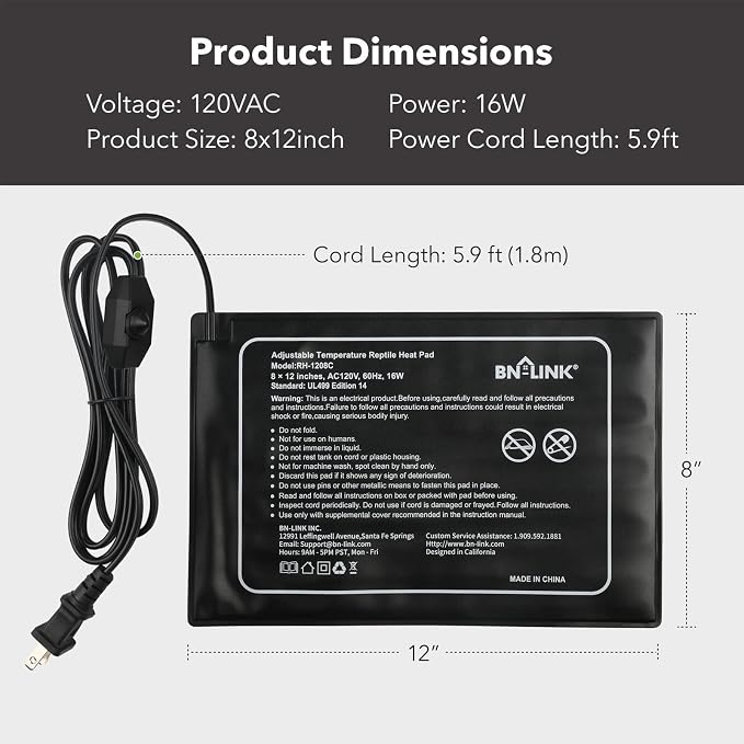 BN-LINK Reptile Heating Pad 8" X 12" with Adjust Knob and Thermostat Controller