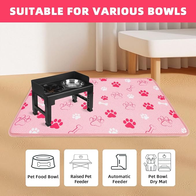 PUPTECK Dog Food Mat, Absorbent Pet Cat Feeding Mat for Food and Water Bowls, Anti-Slip Dog Placemat for Floors Waterproof, Pet Supplies Accessories, Pink M