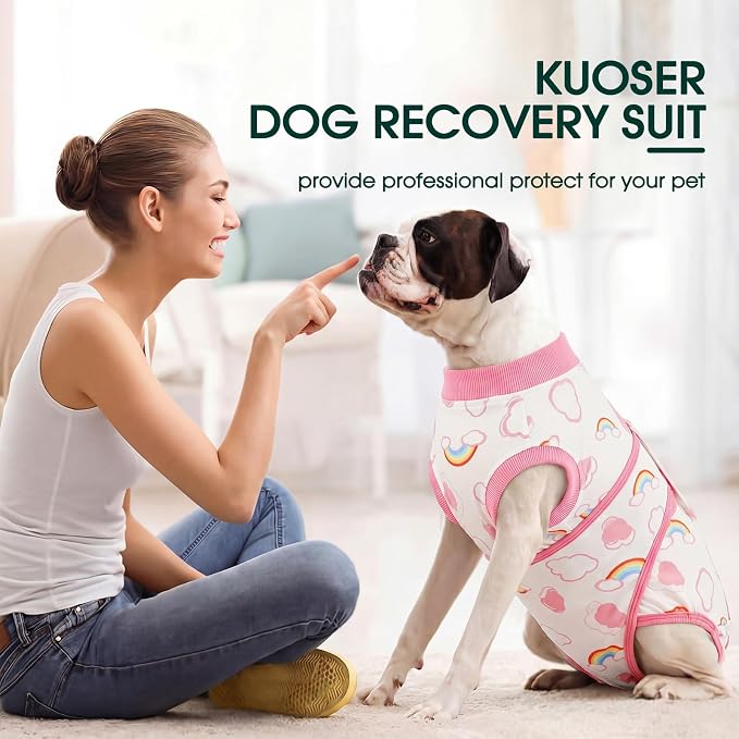Kuoser Dog Surgery Recovery Suit, Soft Breathable Dog Recovery Suit for Female Spay Male Nueuter, Anti Licking Puppy Onesie Pet Surgical Suit for Dogs Abdominal Wounds Skin Disease, Rainbow L