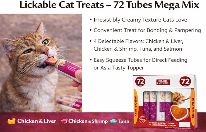 Premium Lickable Cat Treats - 72 Squeeze Tubes (0.5oz) | High-Protein Grain-Free Variety Pack | Hydrating Creamy Snacks for All Cats | Vet-recommended formula with real meat & fish ingredients supports healthy digestion, skin & coat while encouraging h...