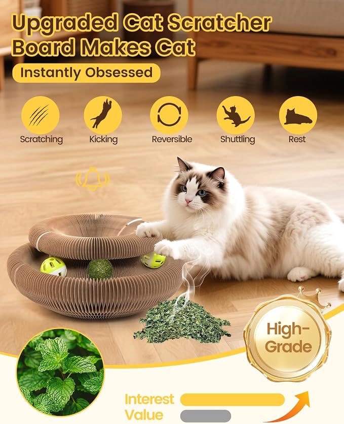 Upgraded-Magnetic Magic Organ Cardboard Cat Scratching Toy for Indoor Cats Flip with Fun, (Gray-1PCS & Orange-2PCS), 3PCS