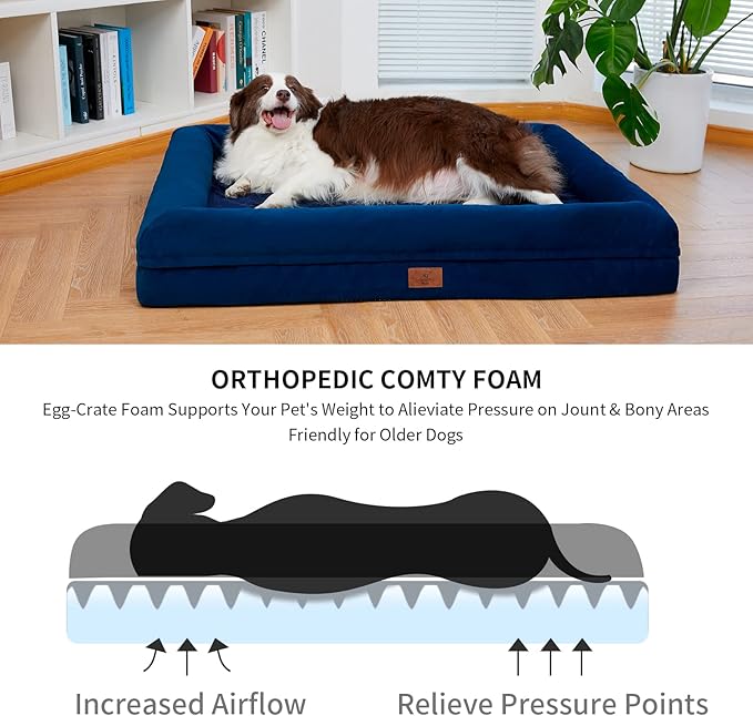 Medium Orthopedic Dog Beds, Large Waterproof Dog Bed with Removable Cover, 4-Sides Bolster Support Pet Soft Sofa, Washable Pet Beds for Large Dogs, Rich Blue