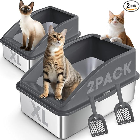 2 Pack Stainless Steel Litter Box | XL Enclosed Cat Litter Boxes with Lid for Big Cats and Multi-Cats | High Sided, Anti-Urine Leakage | Non-Stick Bottom（Dark Gray）