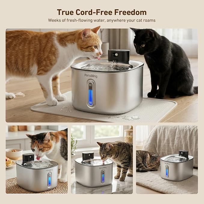 PartsBling Cordless Cat Water Fountain Stainless Steel, 4.2L/142oz Battery Operated Pet Fountain, Ultra Quiet Water Dispenser Cats&Dogs, 5000mAh Rechargeable, Easy to Clean, Includes 4 Filters, Black
