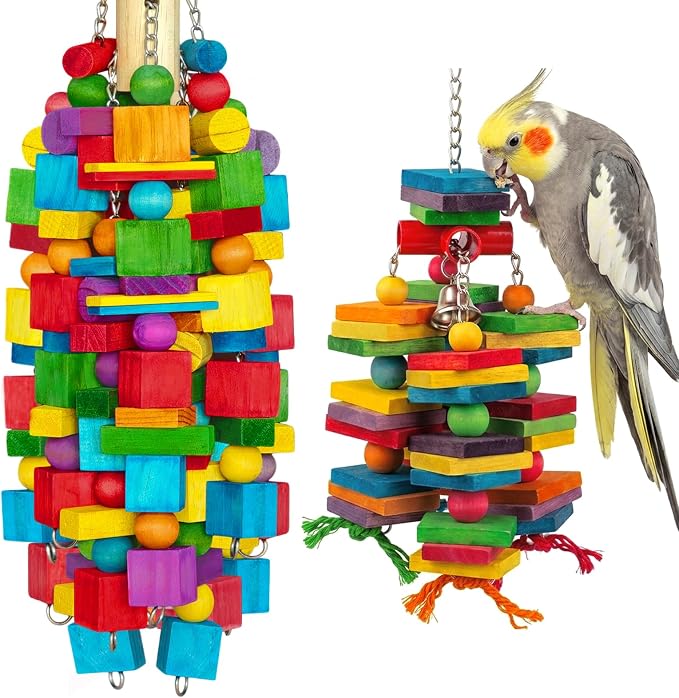 2 Pack Bird Toys Natural Wood Bird Chewing Toy with Heavy-Duty Stainless Steel Chain for Small to Medium Parrot, Cockatiel, African Grey, Amazon Parrot, Conure Bird Cage Accesso