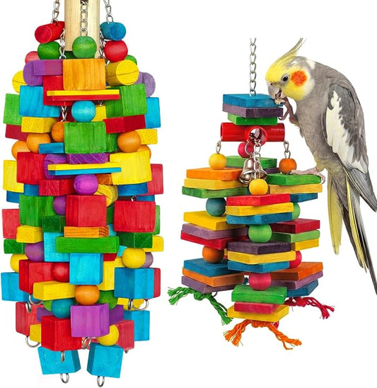 2 Pack Bird Toys Natural Wood Bird Chewing Toy with Heavy-Duty Stainless Steel Chain for Small to Medium Parrot, Cockatiel, African Grey, Amazon Parrot, Conure Bird Cage Accesso