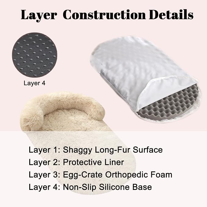 Orthopedic Dog Bed with Egg-Crate Base, Calming Dog Beds Fluffy Plush Faux Fur with Raised Edges, Spine Friendly Pet Sleeping Mat for Medium Large Dogs, Machine Washable (Oval, Beige 40"x30")