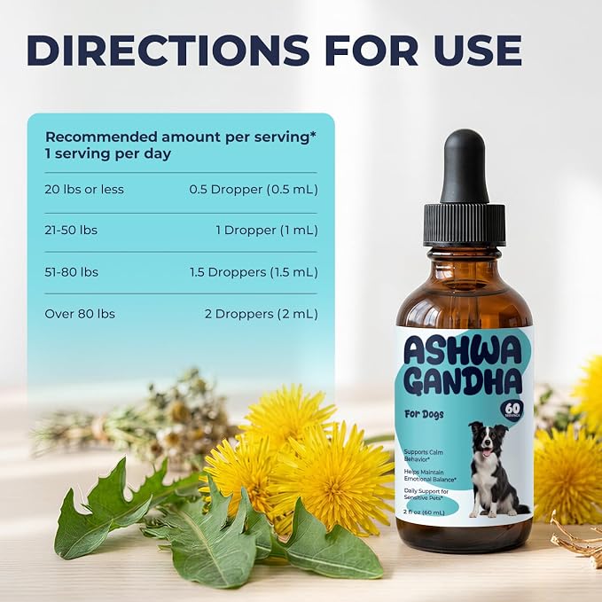 Ashwagandha for Dogs Liquid Drops, Dog Calming Support Supplement, Helps Maintain Calm Behavior, Emotional Balance & Relaxed Daily Routine, Easy to Add to Food or Water, 2 fl oz