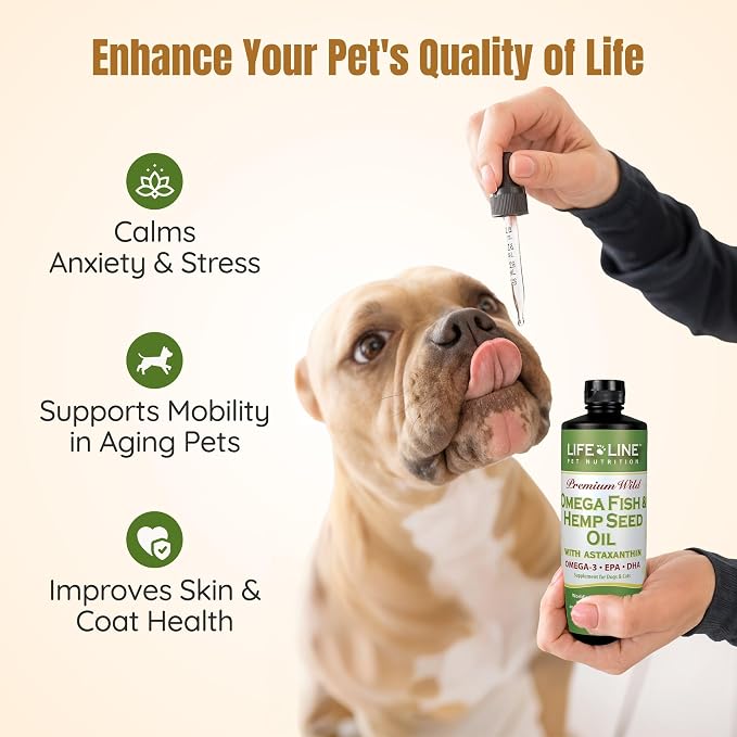 Lifeline Premium Pet Hemp Oil for Dogs & Cats – Omega 3 Supplement with Fish Oil & Astaxanthin for Joint Health, Itchy Skin & Anxiety – Dog Hemp Oil Supports Pain Relief – 26 oz
