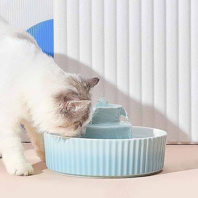 Ceramic Cat Water Fountain with 9 Filters 3 Sponge Cats Tower Water Dispenser 2.1L/71.02oz Dog Water Bowl Dispenser Cat Fountain for Cats Indoor Ultra Quiet Pump Pets Water Bottle Light Blue