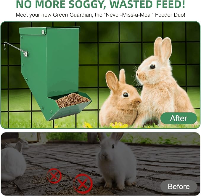 2 Packs Hay Feeder Rabbit, Metal Small Animal Feeder with Lid & Mesh Bottom, 3.1 Inch 1 LBS Capacity, Gravity Food Dispenser for Guinea Pigs Chinchillas, Cage or Outdoor Use, Green