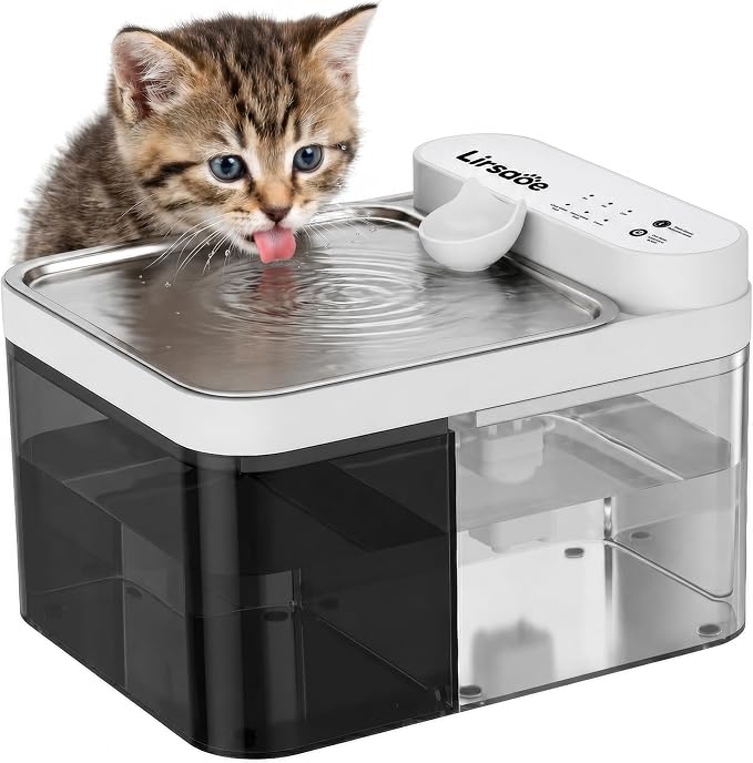 Cat Water Fountain, Filterless Cordless Cat Water Bowl，Not Continuous-Flow Auto-Refill Pet Water Dispenser with Scheduled Water Refresh, Wastewater Separation, Stainless Steel Tray