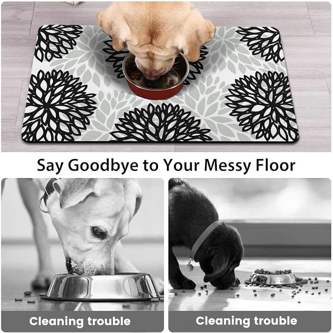 Dog Food Mats for Floors, Absorbent and Quick-Drying Pet Cat Food Mat,Anti-Fouling and Easy-to-Clean Pet Feeding Mat,Dog Bowl Mat for Messy Drinking Water Bowls.16x24, Bohemia Dahlia Floral Style