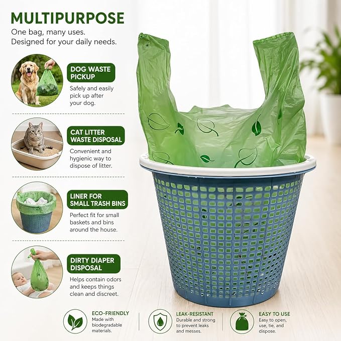 T-shirt Biodegradable Green Plastic Bag (600 ct.) Small Can Liners Thank You Grocery Shooping Size Doggy Poop Bags Compatible with Arm & Hammer Swivel Bin & Rake pooper scooper Multipurpose Bags