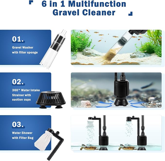 AQQA Electric Aquarium Vacuum Gravel Cleaner, 6 in 1 Automatic Fish Tank Vacuum Cleaning Tools Kit Water Changer, Multifunction Wash Sand Filter Water Circulation 20W 320GPH 110V