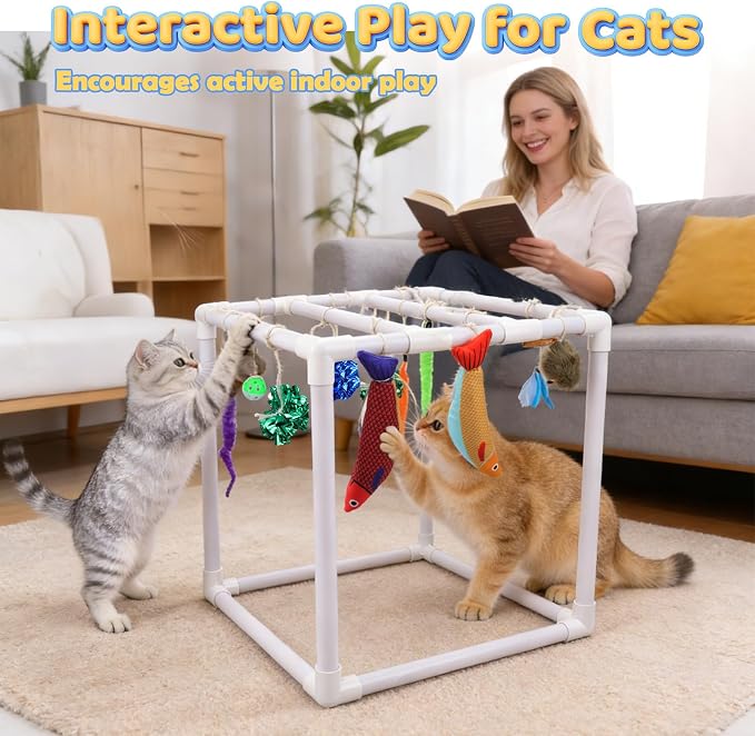 BABORUI Cat Play Gym, Indoor Hanging Activity with 15 Toys, Cat Toys to Keep Them Busy, Adjustable Cat Playground for Indoor Cats at Home