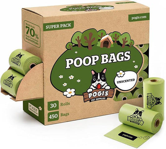 Pogi’s Dog Poop Bags – Leak-Proof & Extra Thick Pet Waste Bags (Unscented, 30 Rolls, 450-Count)