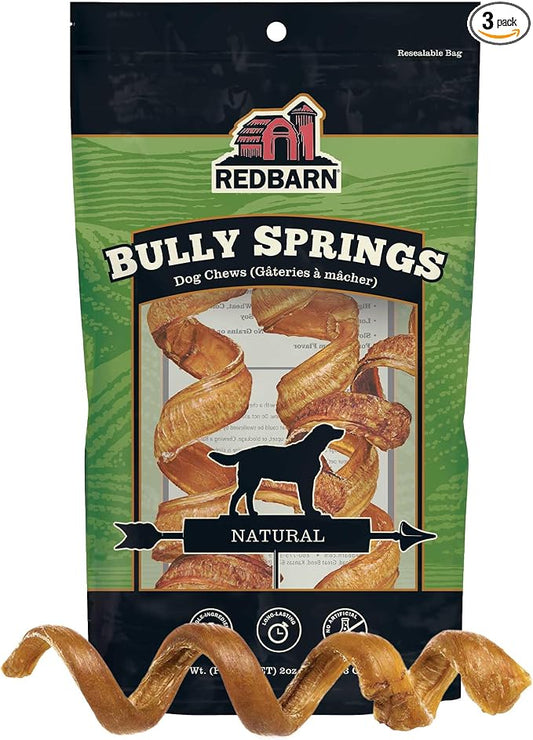 Redbarn Bully Spring Dog Chews 4"-6" 3-Count- 100% Natural Single Ingredient Beef Pizzle Spiral Sticks for Medium to Large Dogs - Rawhide Free Long Lasting Dental Chews