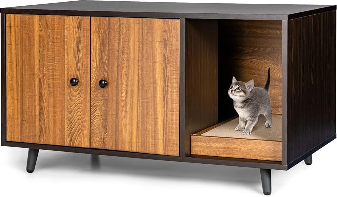 Tangkula Cat Litter Box Enclosure, Cat Washroom W/Divider, Scratching Pad, Metal Leg, Enclosed Cat Box Cabinet Pet House W/Double Doors, Litter Box Furniture Hidden for Large Cat (Walnut & Black)