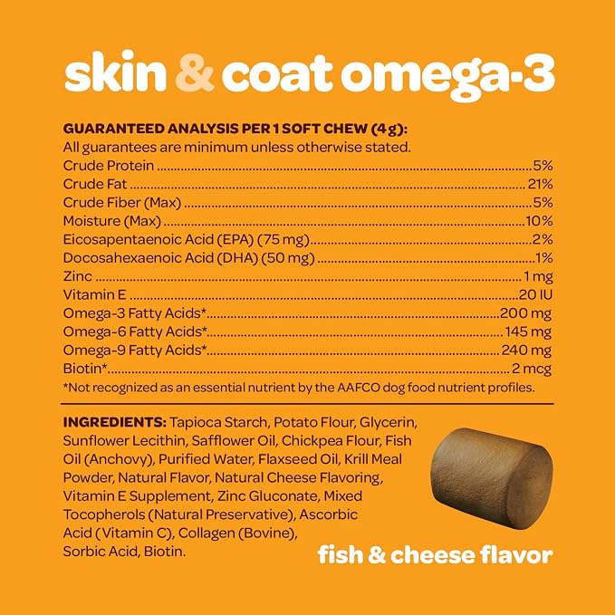 Skin and Coat Supplement for Dogs | Nourishing Omega 3 for Dogs with EPA DHA Krill Oil and Vitamin E | Dog Skin and Coat Supplement | 1 Chew up to 75lbs | NASC Certified & Made in the USA | 60 Chews