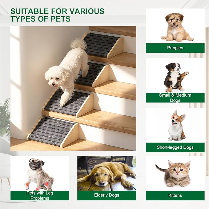 TIMHAKA 4 Pack Dog Ramp for Stairs, Upgraded Widened Non-Slip Dog Stairs for Small Medium Dogs, Wooden Pet Steps for Staircase, Steps and Stairs Assist for Injured & Aged Pets