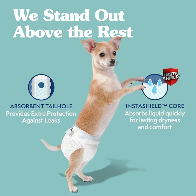 Simple Solution Disposable Dog Diapers for Female Dogs, Leak Proof Diaper for Dogs, Potty Training, XS Puppy Training, Incontinence, Diaper for Peeing, For Small Pets, 9-14 Inch Waist, (XS, 12 Count)