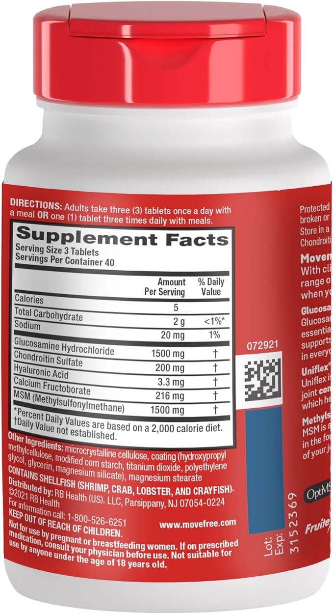 Move Free Advanced Glucosamine Chondroitin MSM Joint Support Supplement, Supports Mobility Comfort Strength Flexibility & Bone - 120 Count (Pack of 3)