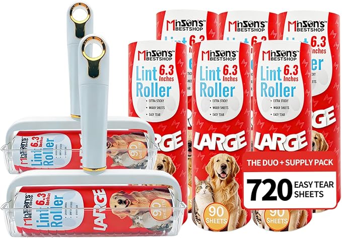 Minson’s BestShop Extra Sticky Lint Roller, 6.3” Extra Wide, 720 Sheets for Pet Hair Removal, The Ultimate Duo Supply Pack with 2 Ready to Use Handles & 6 Refills, Dog and Cat Lint Remover
