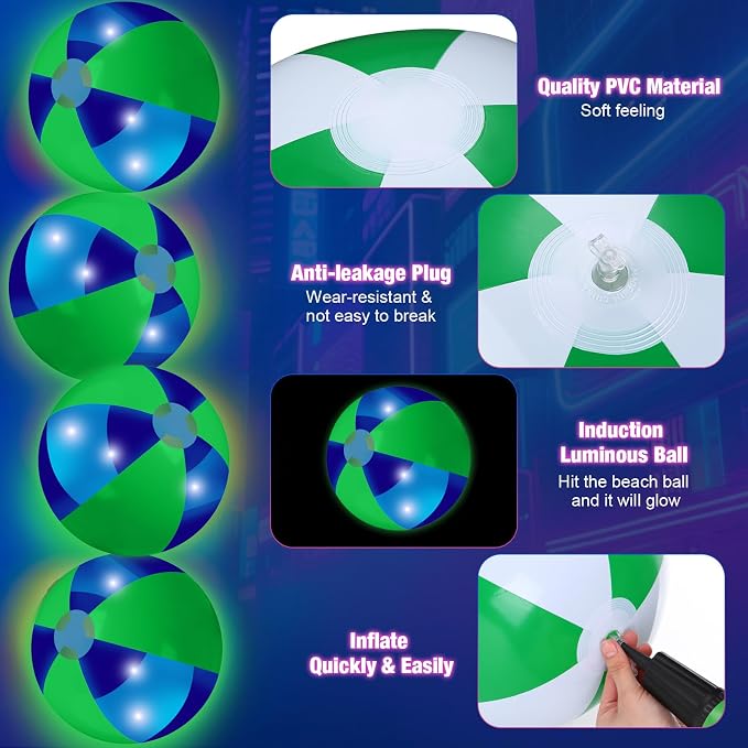 MiniInflat 12 Pcs Light up Beach Balls 16'' Jumbo Pool LED Balls Glow in the Dark Neon Giant Inflatable for Summer Hawaiian Tropical Theme Beach Party Decor Water Accessory (Green)