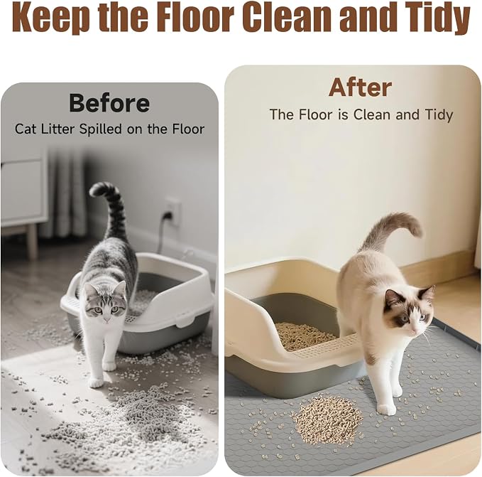 Cat Mat for Litter Box, 40" X 28" Large Silicone Cat Litter Trapping Mat, Waterproof Kitty Litter Mat, Urine-Proof, Easy to Clean, Non-Slip Kitty Scratch Pad for Floor(Gray)