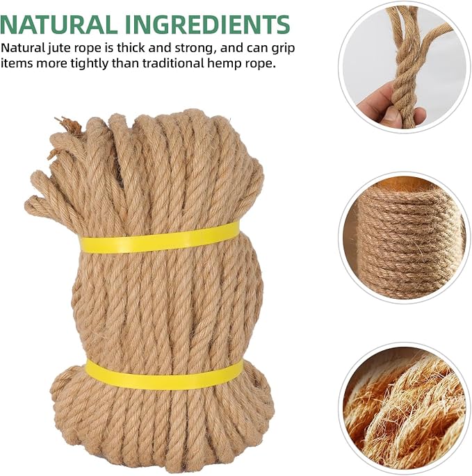 Jute Rope 3/8in100ft Natural Material Heavy Duty Jute Rope Twisted for Indoor Outdoor Crafts, Nautical, Tug of War, Railing, Hammock, Swing, Gardening