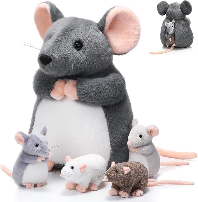 Arrowbash 5 Pcs Mouse Stuffed Animals Set - 14'' Large Mommy Rat Plush with 4 Small Mouse Babies in Zippered Tummy Stuffed Rat Plush Toys for Kids Girls Boys Valentine Birthday Gift(Fluffy Style)