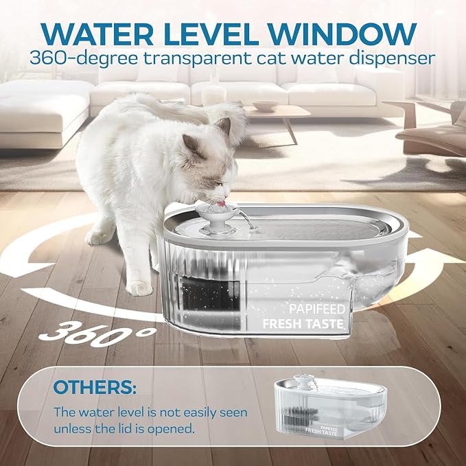 PAPIFEED Cat Water Fountain & Stainless Steel Tray (Clear+White)