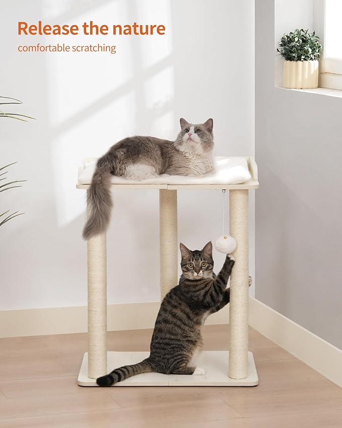 FourFurPets 26.7in Large Cat Tree Tower Condo, Cat Scratch Posts for Indoor Cats, Big Plate, Three 23.6in Full Sisal Scratching Posts, White