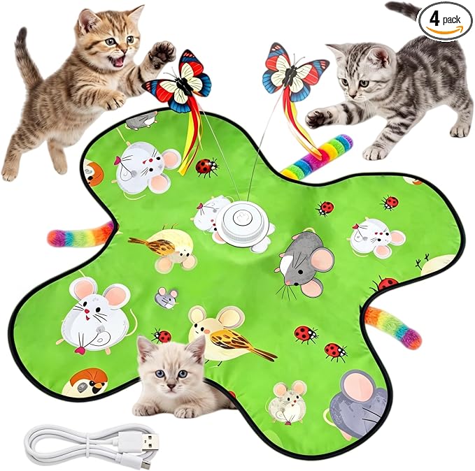 Interactive Cat Toys for Indoor Cats, 3-in-1 Interactive with Fluttering Butterfly Moving Concealed Feathers 3 Prey Sounds, Rechargeable Touch Activated for Bored Indoor Adult Cats Kittens