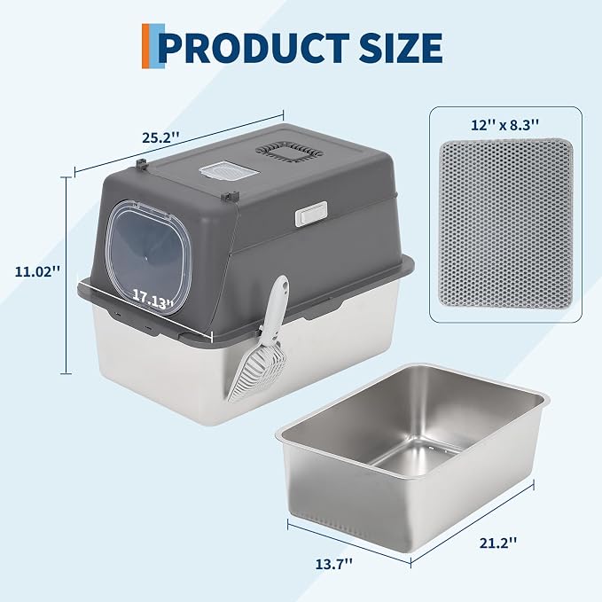 Stainless Steel Cat Litter Box with Lid, Extra Large Covered Metal Litter Box for Big Cats, Removable&Enclosed Design,Non-Stick&Odor-Resistant, Easy Clean, with Scoop&Litter Collecting Mat,Dark Grey