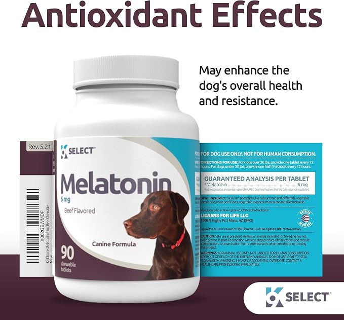 K9 Select Dog Melatonin for Large Dogs - Composure Dog Calming Chews - Canine Melatonin for Sleep - Reduce Stress for Large Canines - 6 mg, 90 Beef Flavored Chewable Tablets