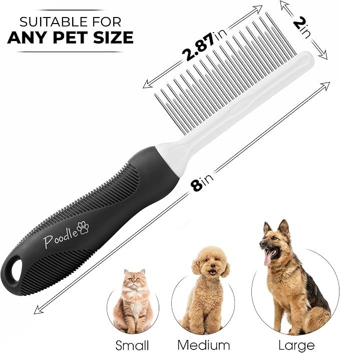 Poodle Pet Bundle - Dematting Fur Rake Comb Brush Tool with Steel Safety Blades and Detangling Pet Comb with Long and Short Stainless Steel Teeth for Detangling Matted or Knotted Undercoat Hair (Black